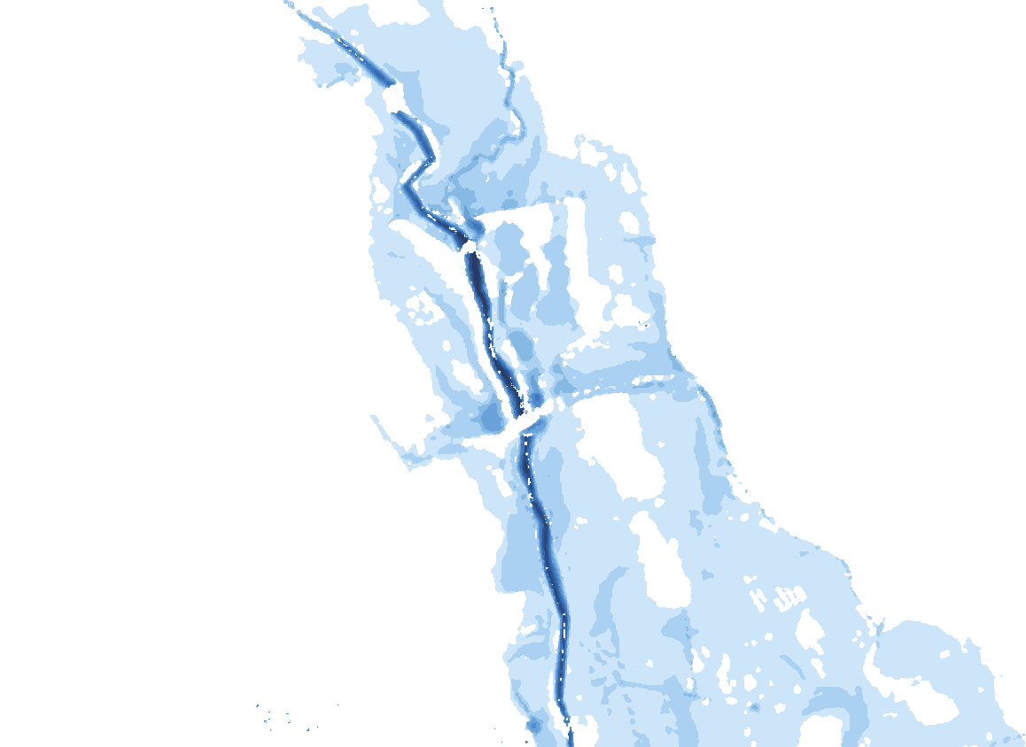 Baseline modelled flood depths: water crosses the right bank into the village.