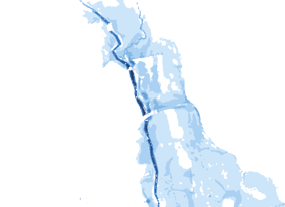 Modelled depths with the right-bank defence raised: the village stays dry and water spreads across farmland.