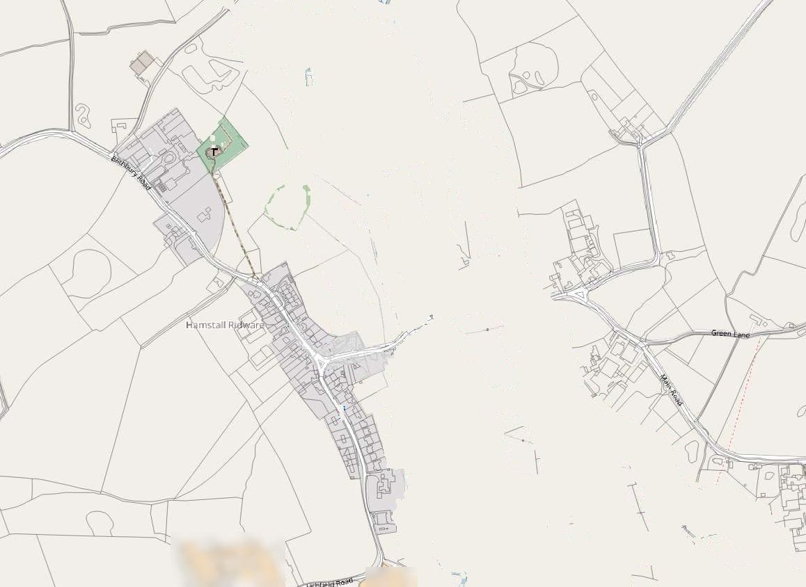 OpenStreetMap basemap of Hamstall Ridware and the River Blithe and Trent floodplain.